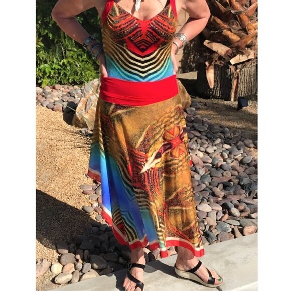 SUNFLAIR Bathing Suit & Dress/Skirt/Cover Up, 2 pces red blue gold brown 8/10 D - Picture 4 of 16